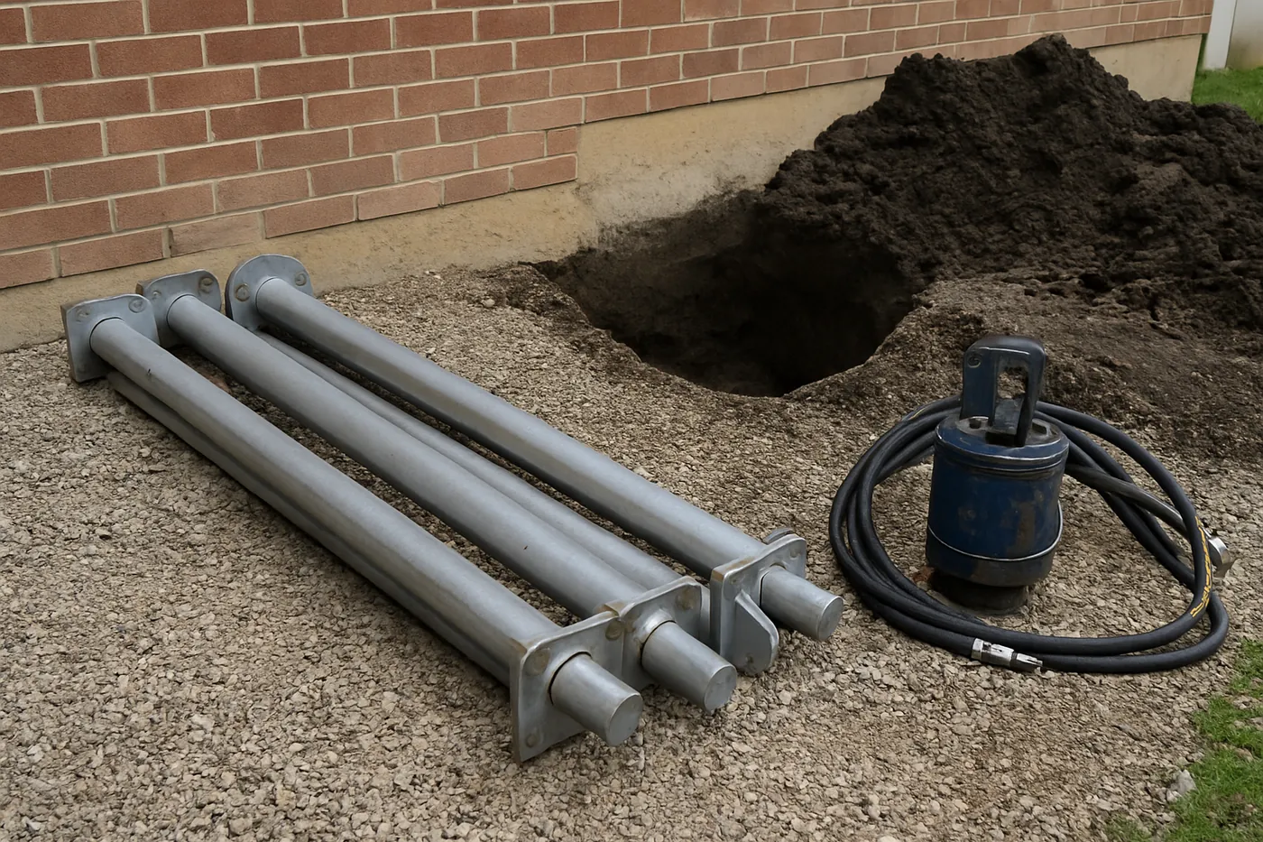 Steel push pier sections and a hydraulic drive head staged beside an excavated footing at a Jackson home