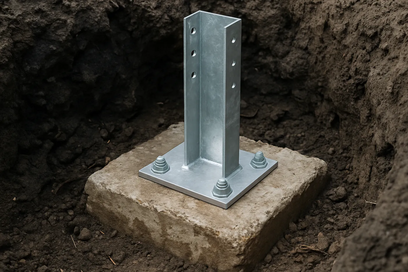 Pier bracket bolted to a concrete footing in gray Yazoo clay during a Jackson underpinning